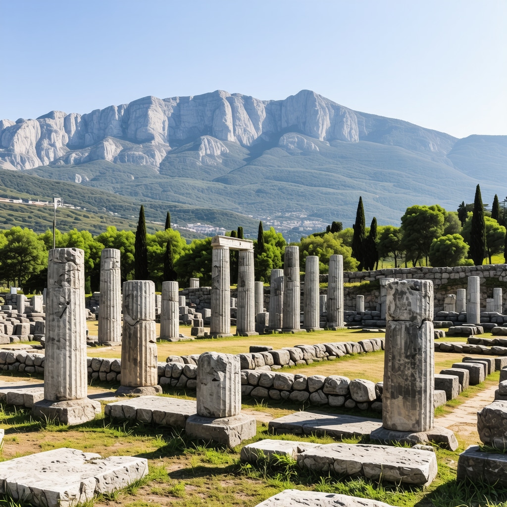 Delphi archaeological ruins with Mount Parnassus in the background