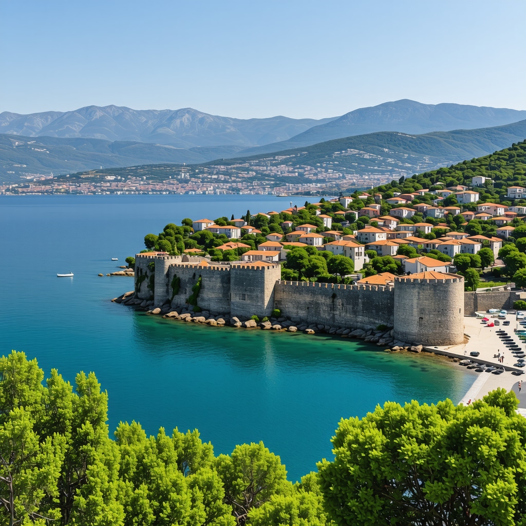 Herceg Novi panoramic view with medieval fortifications and Adriatic coast