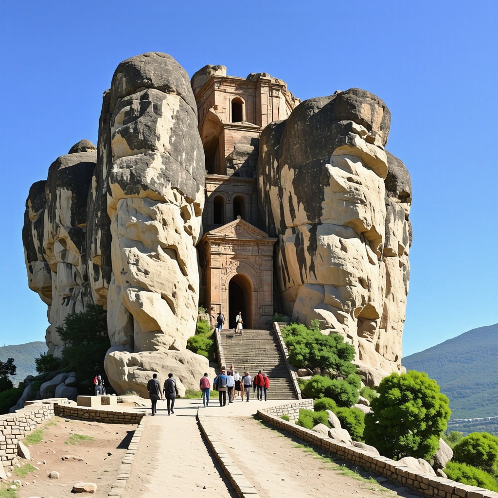 Kalambaka monasteries perched on towering sandstone pillars with hikers nearby