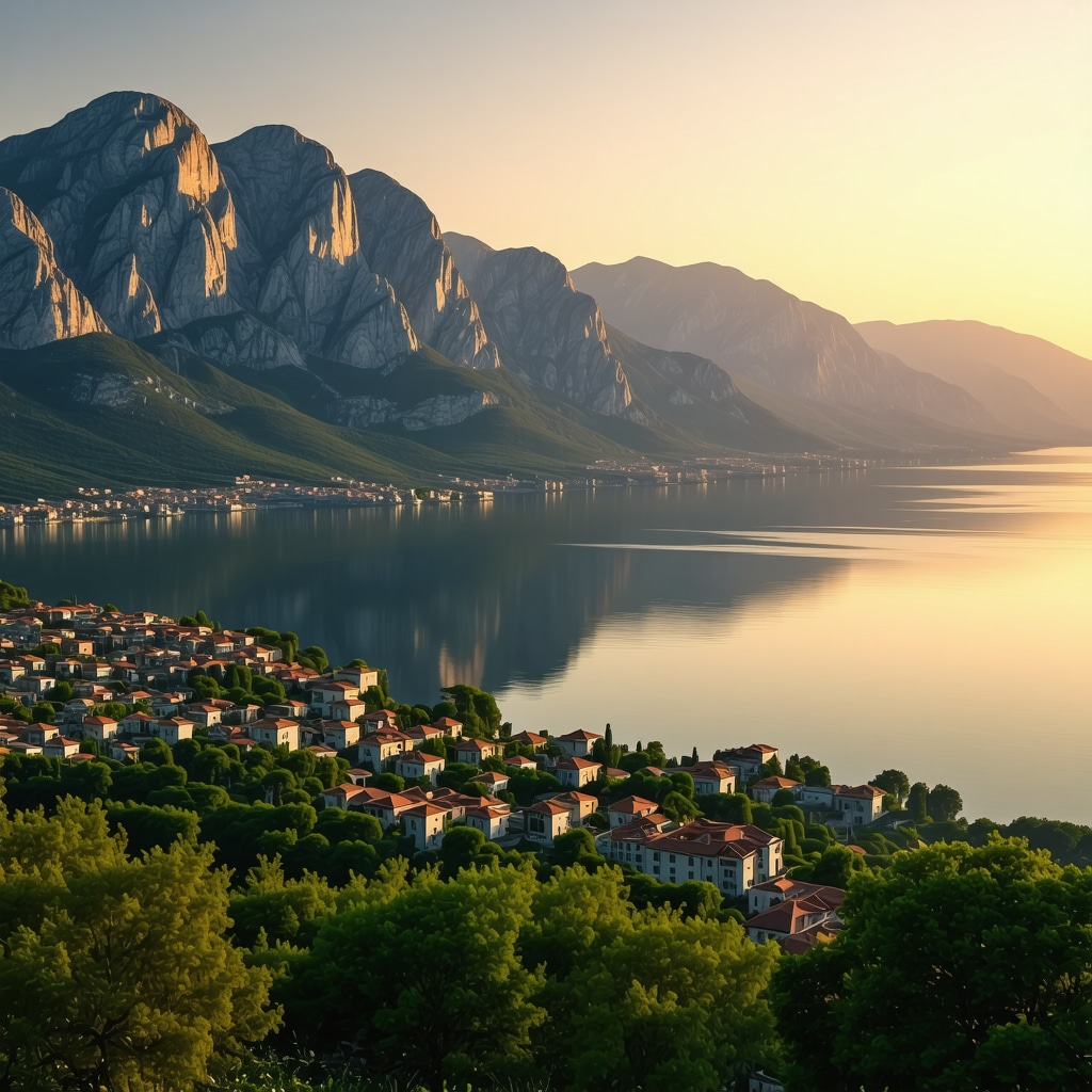 Panoramic view of Kotor and the Montenegrin coast at sunset