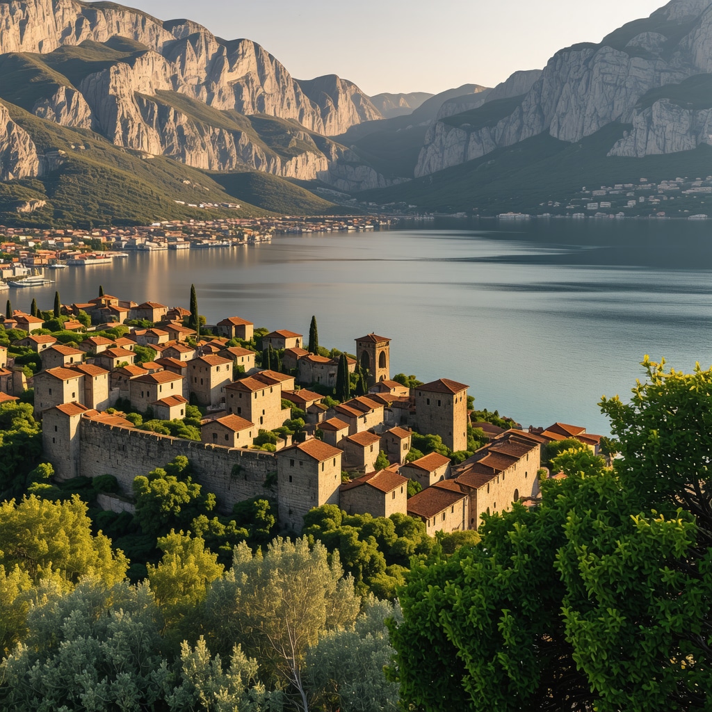 View of Kotor's medieval walls embracing the Adriatic sea with mountains in the background