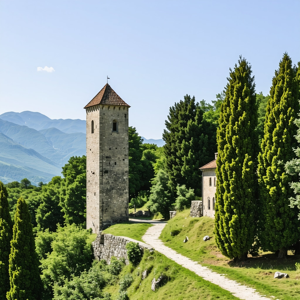 Panoramic landscape of Lovćen National Park showing pine forests, historic stone towers, and mountain peaks