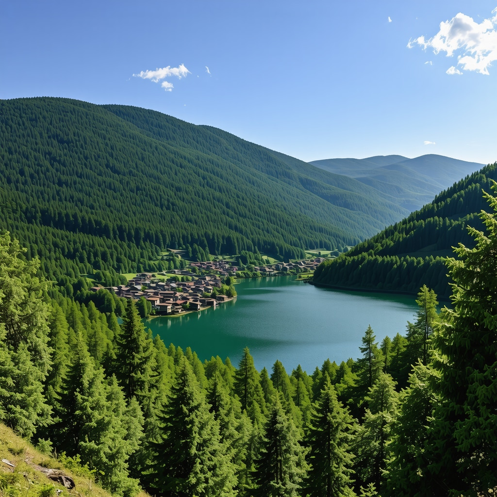 Mavrovo National Park panoramic view showing forests, lake, and traditional mountain villages