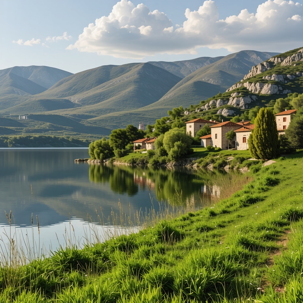 Peisazhe të bukura të Prespa Lake dhe qyteteve të lashta të Maqedonisë së Veriut dhe Kroacisë.