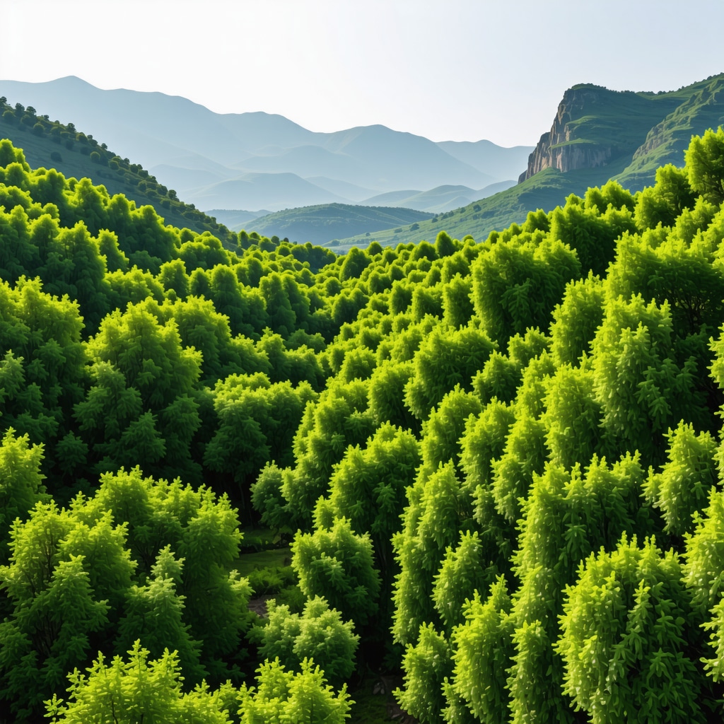Aerial view of lush green landscapes and mountain ranges in Kırklareli, Turkey, during spring.