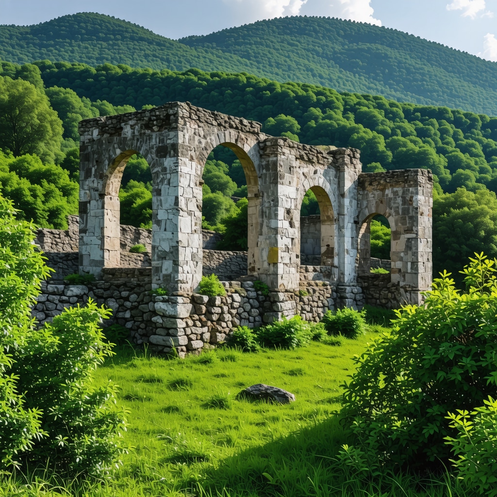 Peizazh i bukur i Ballkanit me rrënoja historike dhe peisazhe natyrore të gjelbra