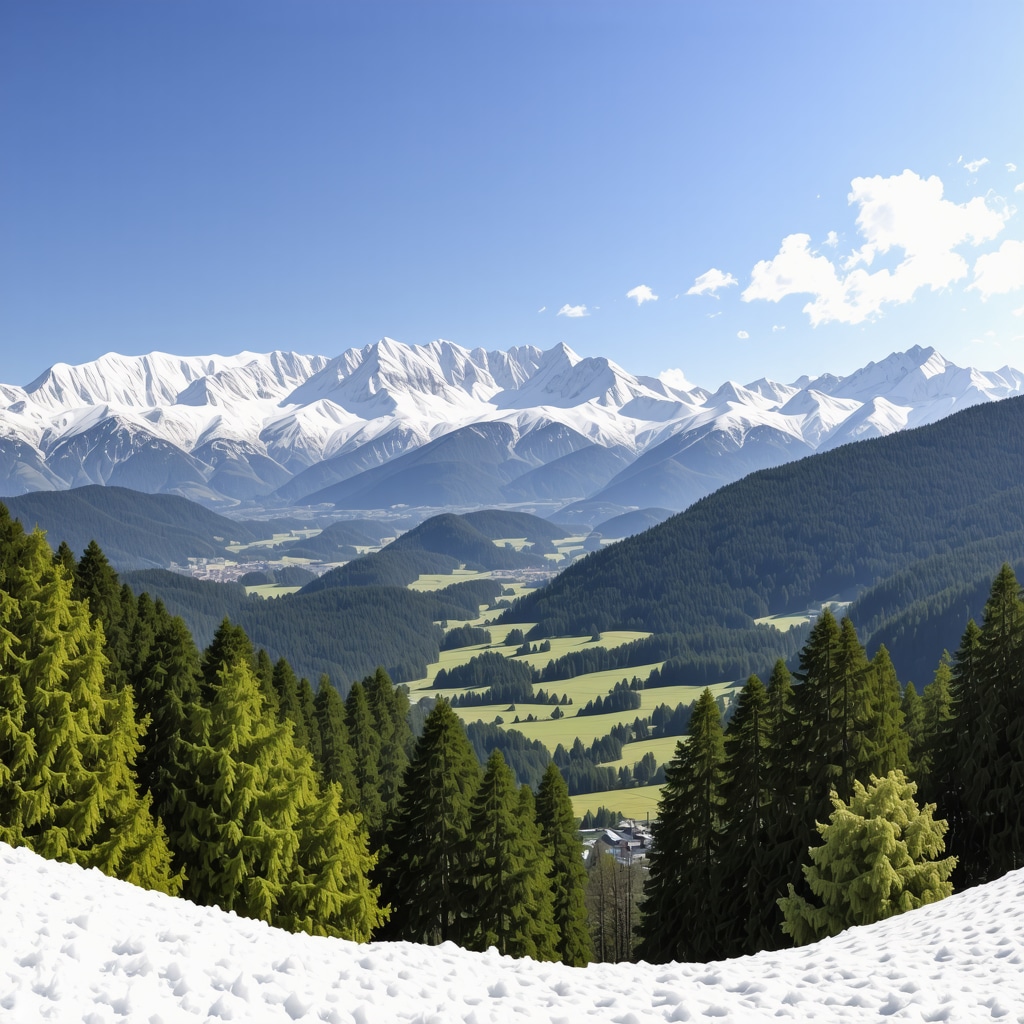Pamje panoramike e maleve të mbuluara me dëborë dhe luginës së gjelbër në Brezovicë.
