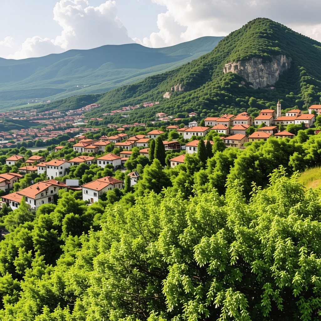 Pamje panoramike e maleve të Ballkanit dhe qyteteve të lashta