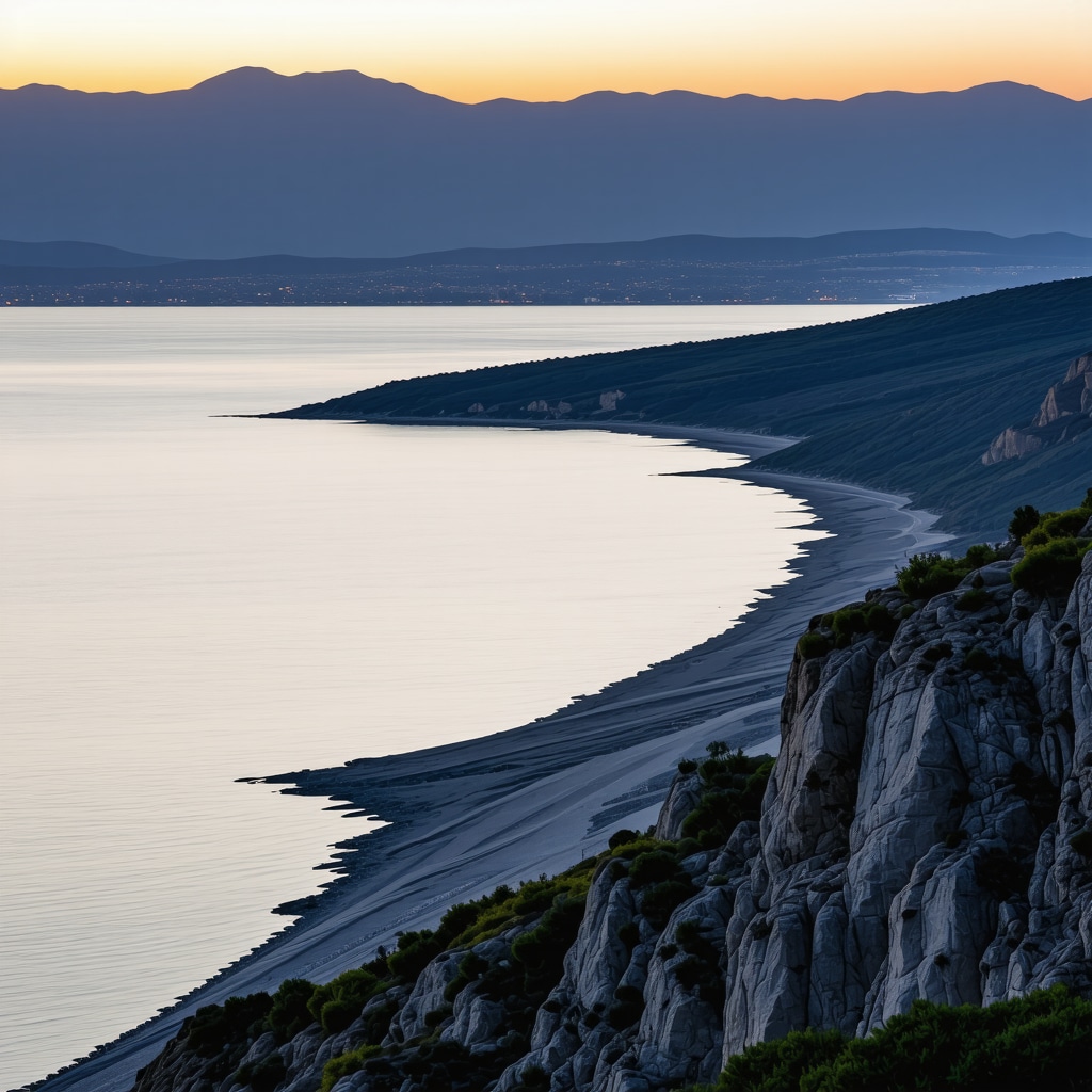 Gojëdet e bukura të Volosit me male dhe det në Greqi gjatë perëndimit të diellit