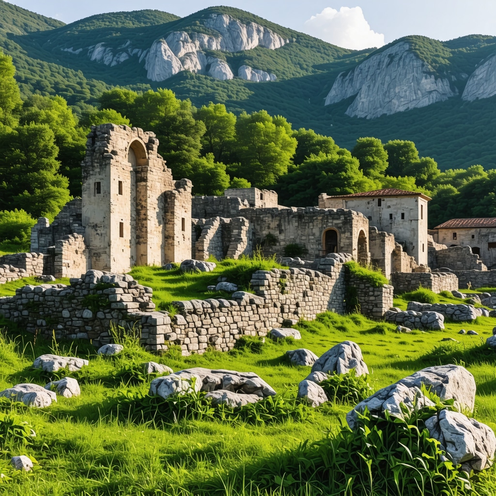 Landscape of Balkan with ancient ruins and green hills, capturing cultural and natural harmony