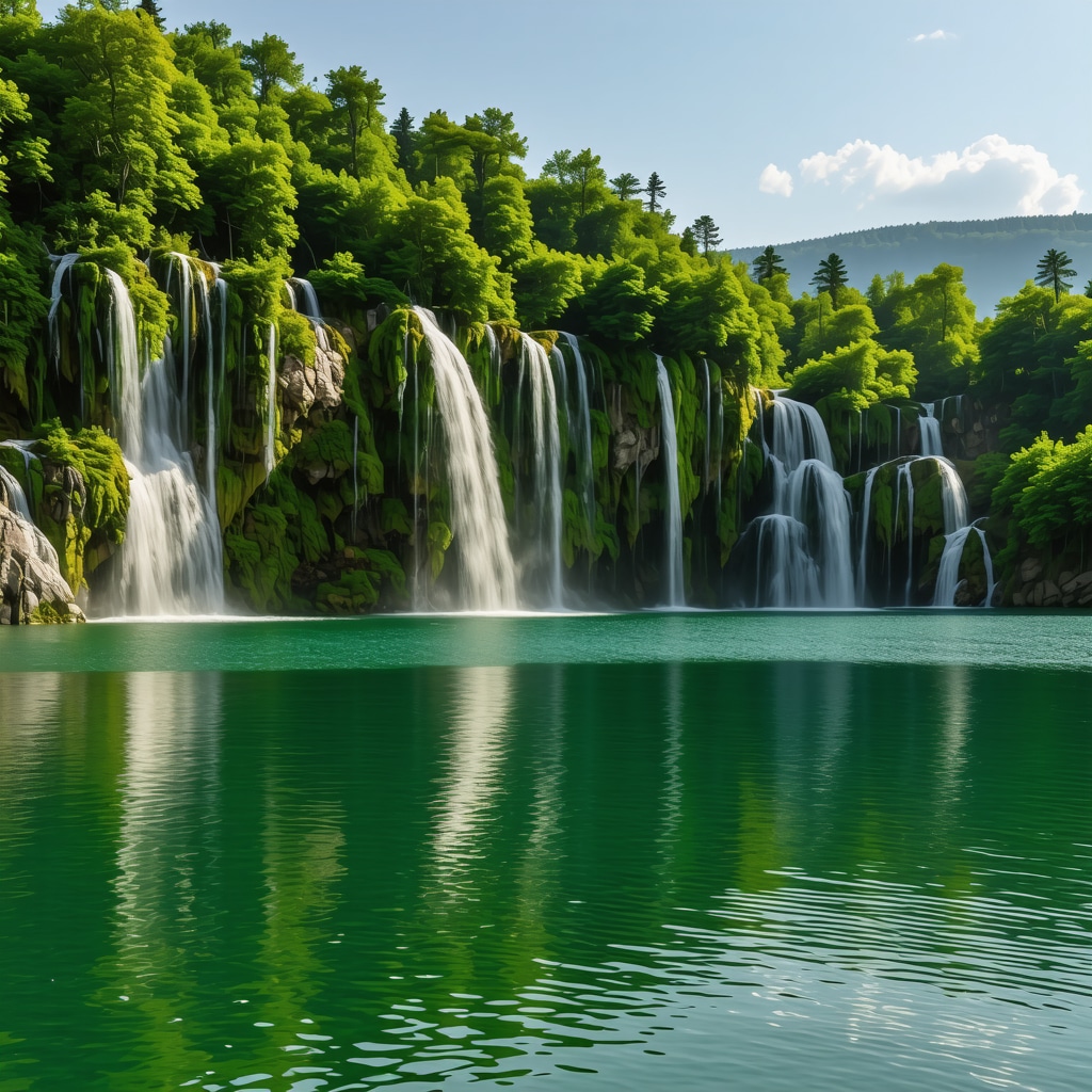 Pamje panoramike e liqenit Plitvice me ujëra të kristalta dhe natyrë të gjelbër