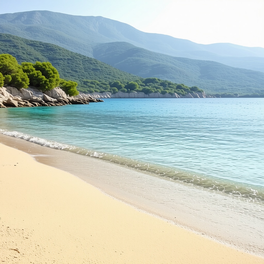 Sunset over Albanian beach with clear water and golden sand.