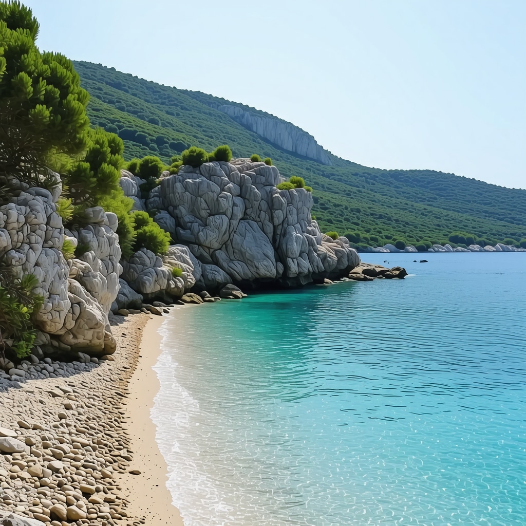 Një plazh i qetë dhe i bukur në ishullin Lastovo me ujë të pastër dhe peizazh natyror