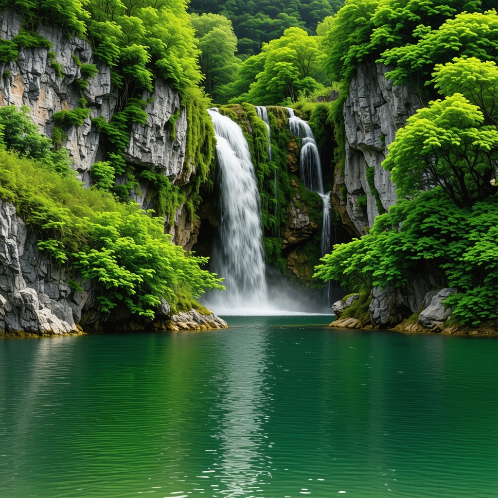 Panoramic view of Plitvice Lakes with waterfalls and lush greenery