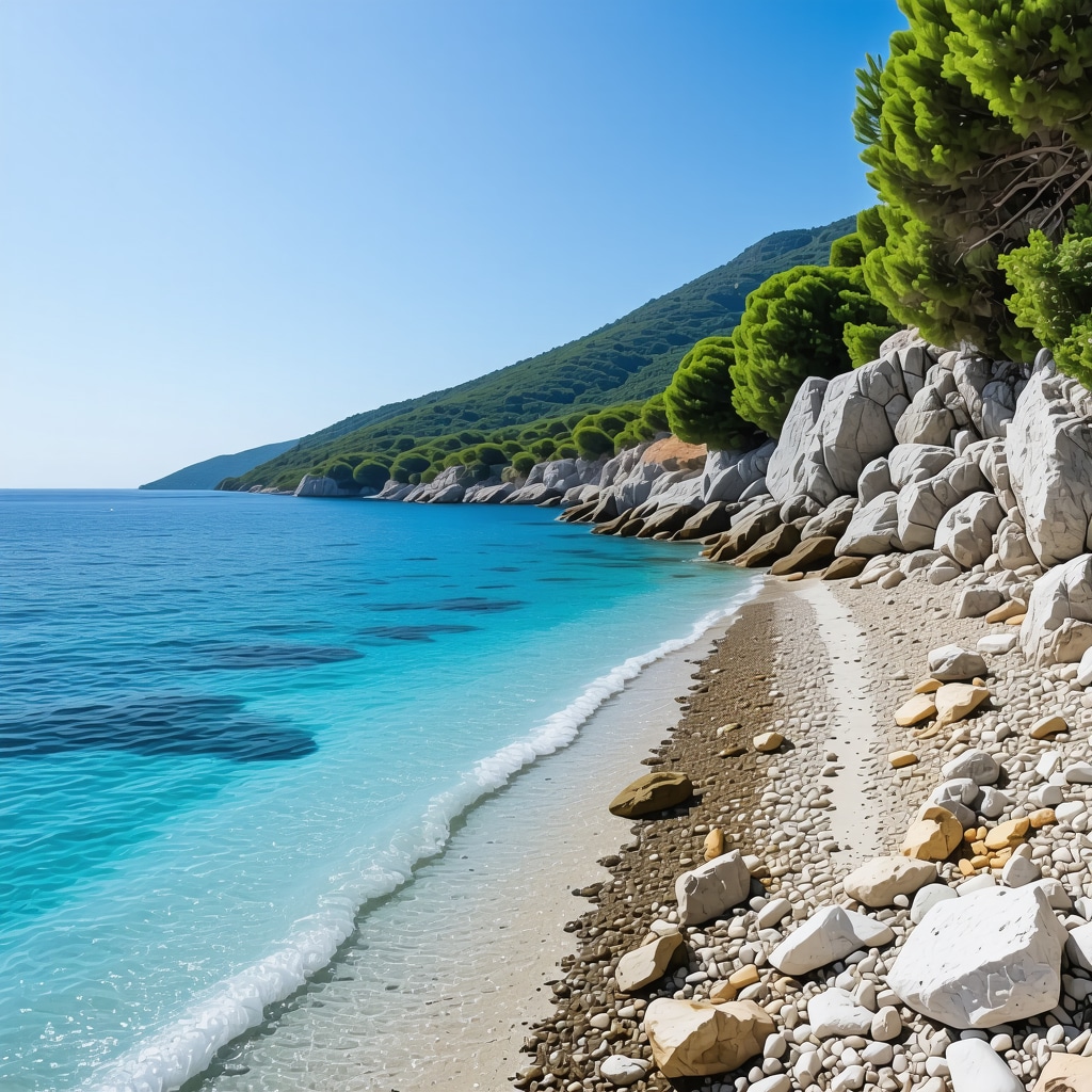 A pristine, quiet beach on Lastovo island with turquoise waters and green surroundings