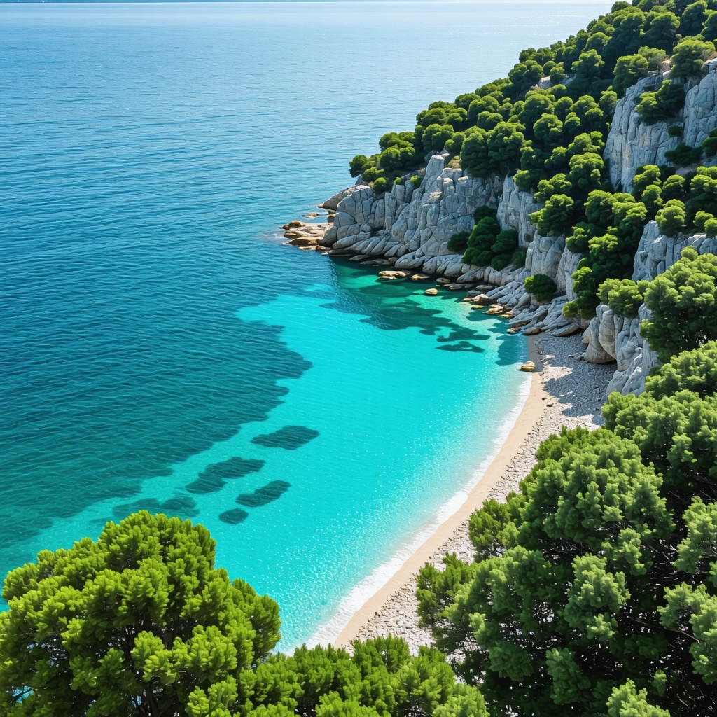 Drone view of pristine Croatian beaches with lush greenery