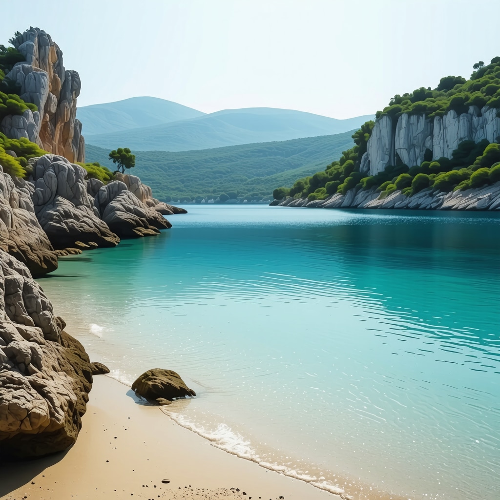 Quiet and pristine beach in Montenegro with turquoise waters and green hills.