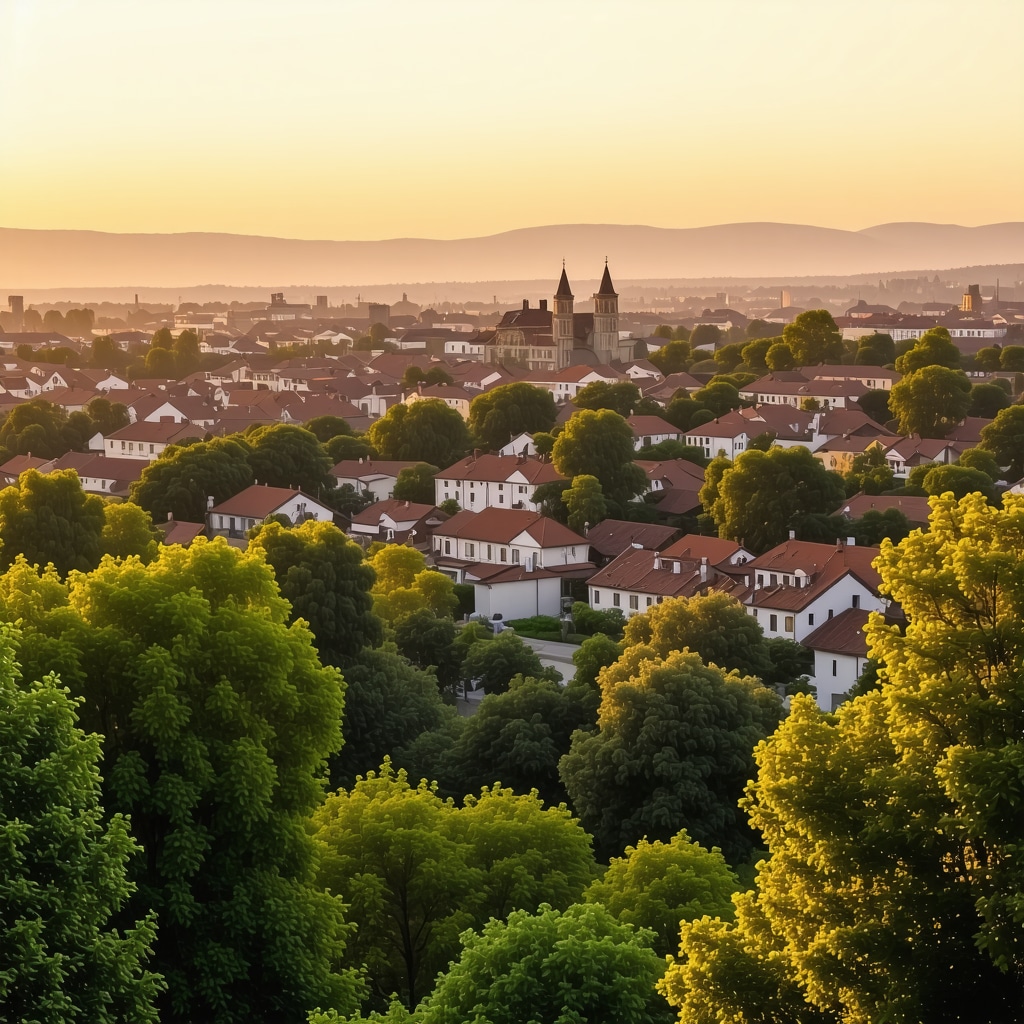 Panoramic view of Serbian city and nature at sunset