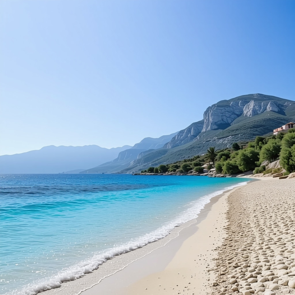 Pristine Albanian coastline with blue waters and rugged mountains