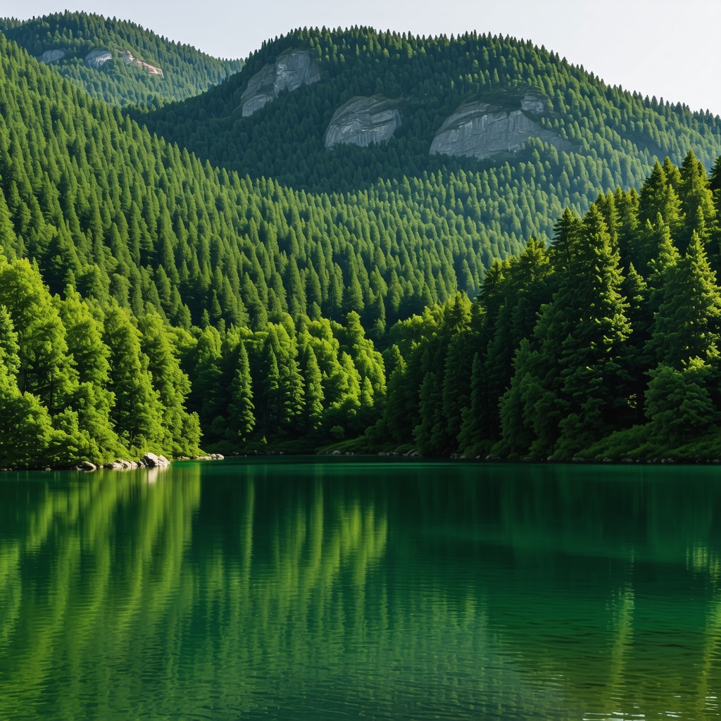 Beautiful lake in Albania with lush greenery and calm waters.