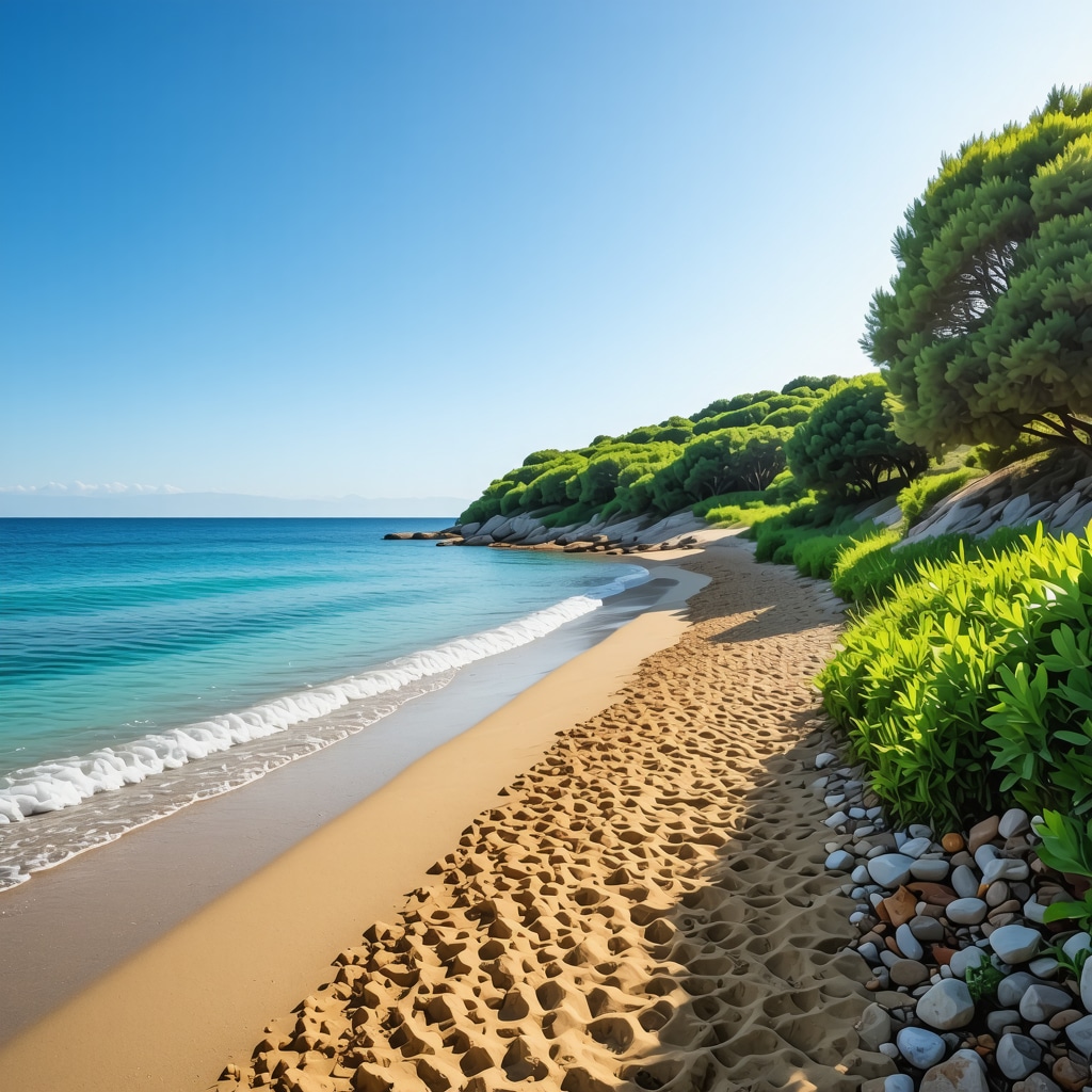 A stunning view of Burgas beaches and surrounding nature with clear blue skies and lush greenery