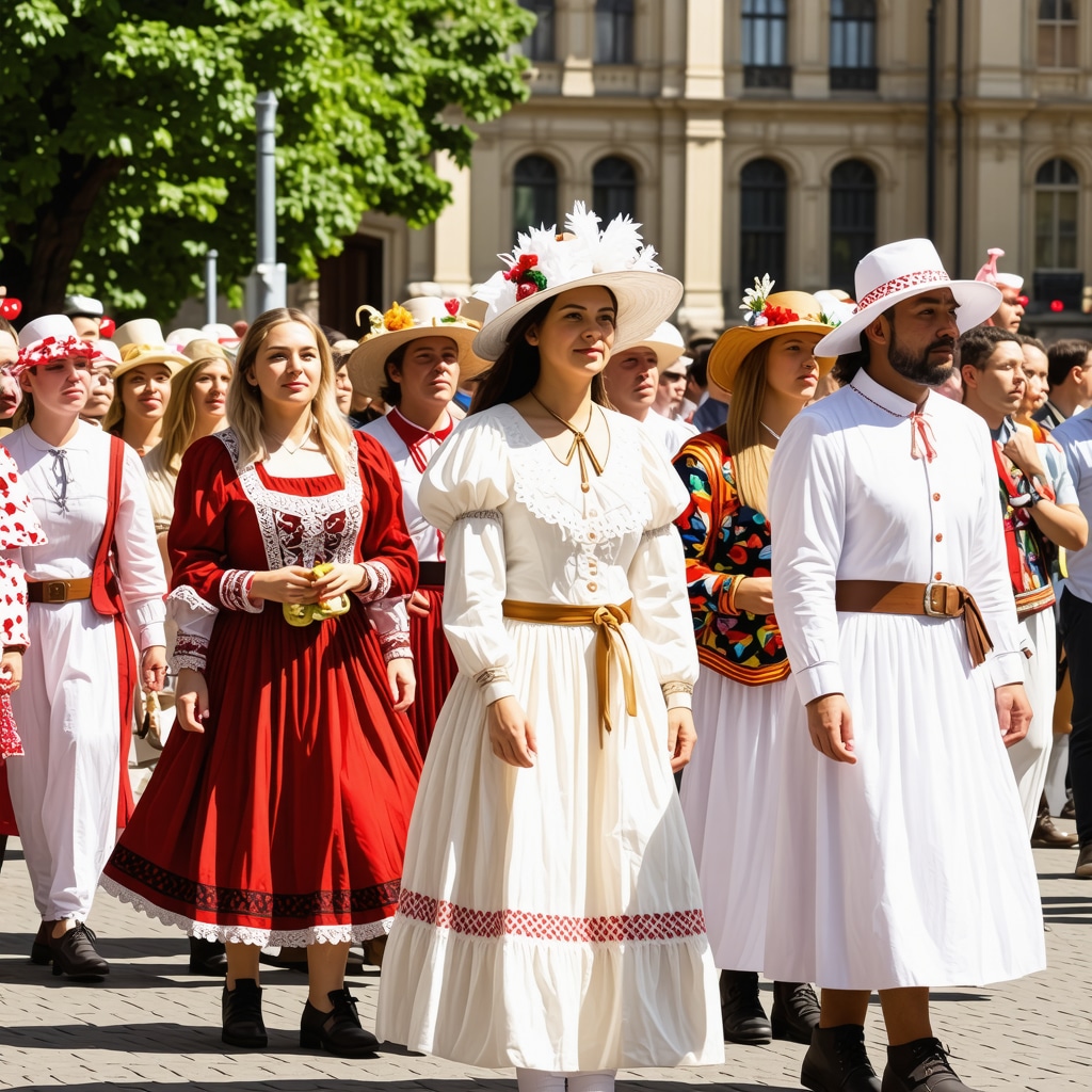 Multicultural festival participants in traditional costumes with Art Nouveau buildings in Subotica