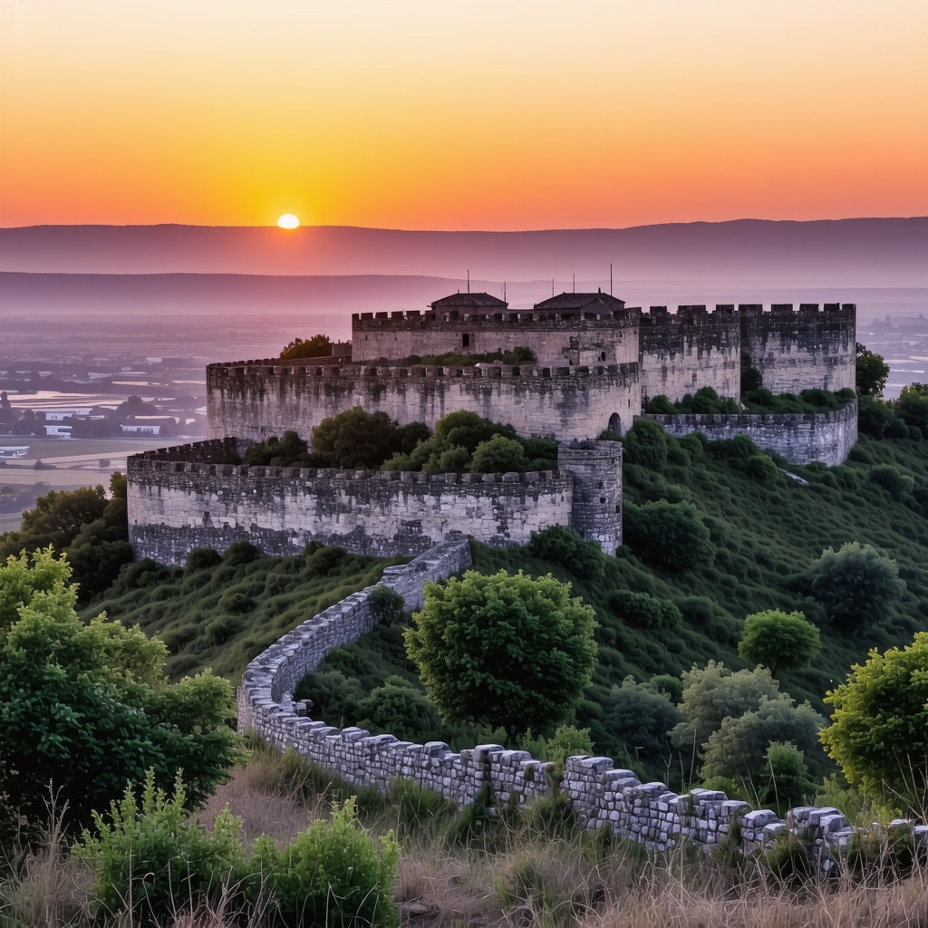 Panoramic sunset view of Markova Fortress highlighting its historical significance and scenic beauty.