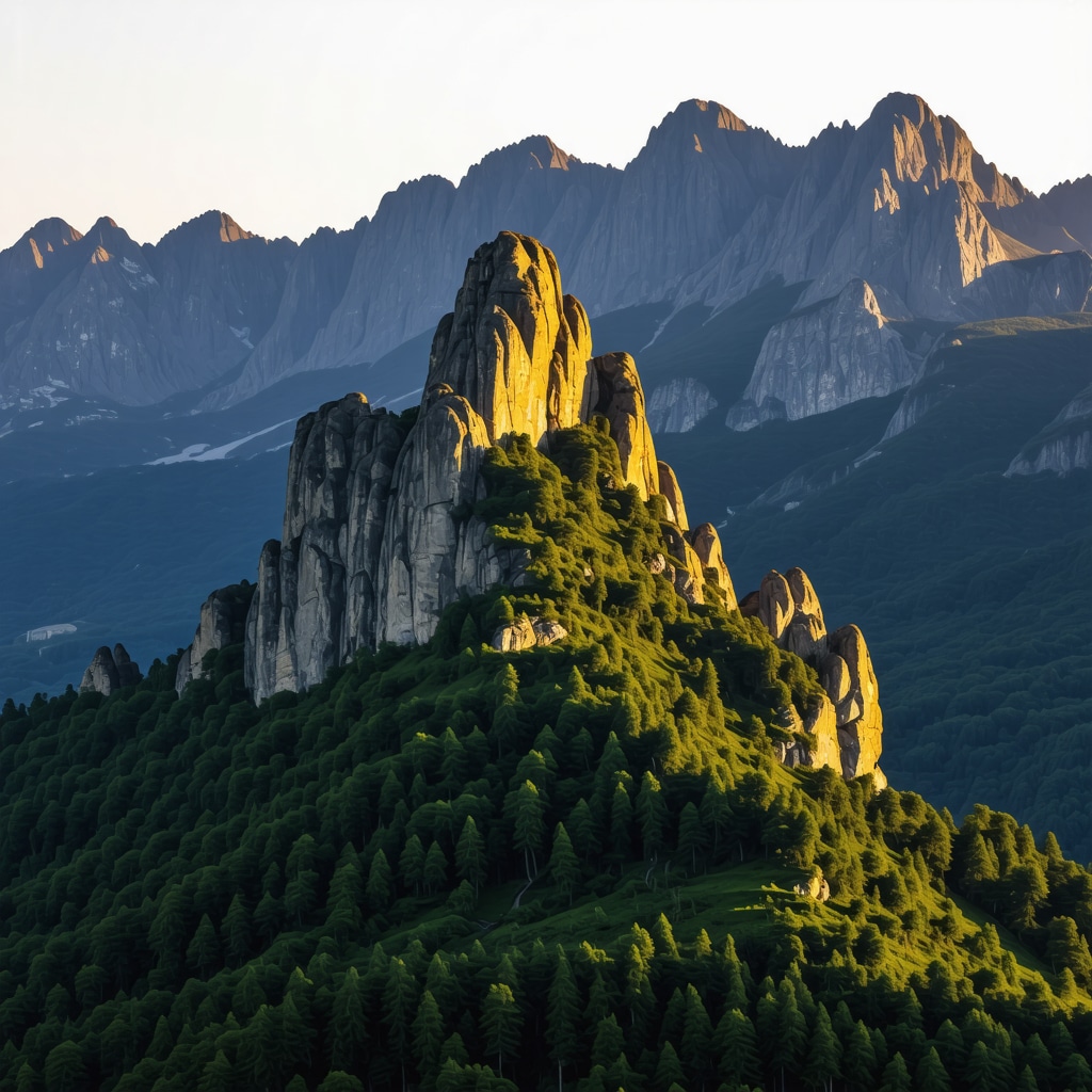 Sunset view of Kalaja Peles surrounded by mountains and lush greenery.