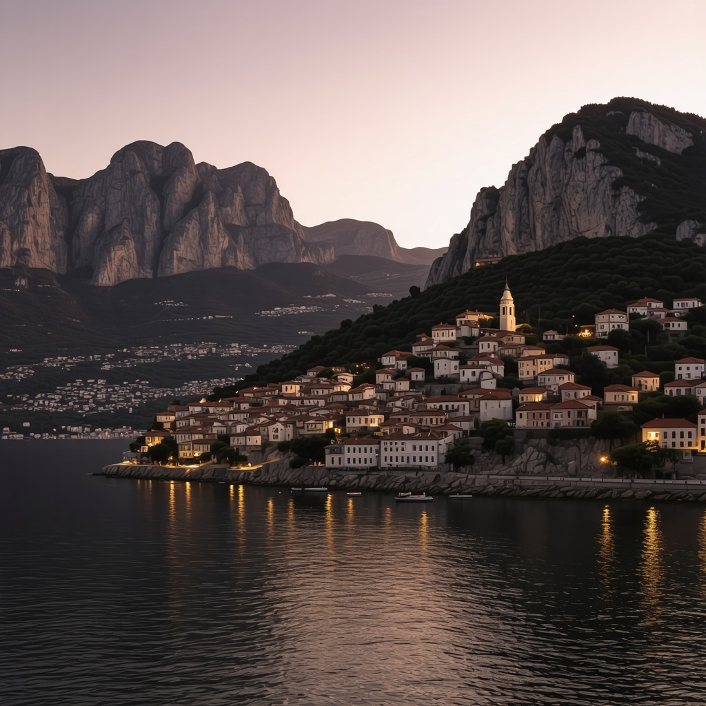 Beautiful sunset view of Kotor's old town with mountains and sea