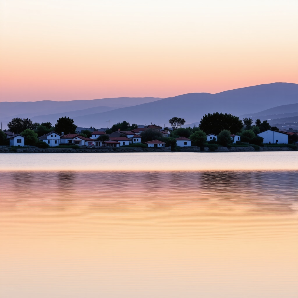 Lake Argjentë at sunset showing natural landscape and traditional village