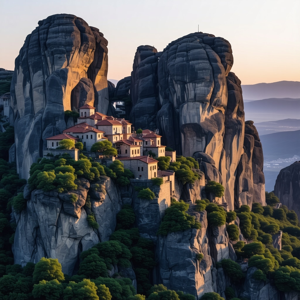 Panoramic sunset view of Meteora monasteries among rock formations