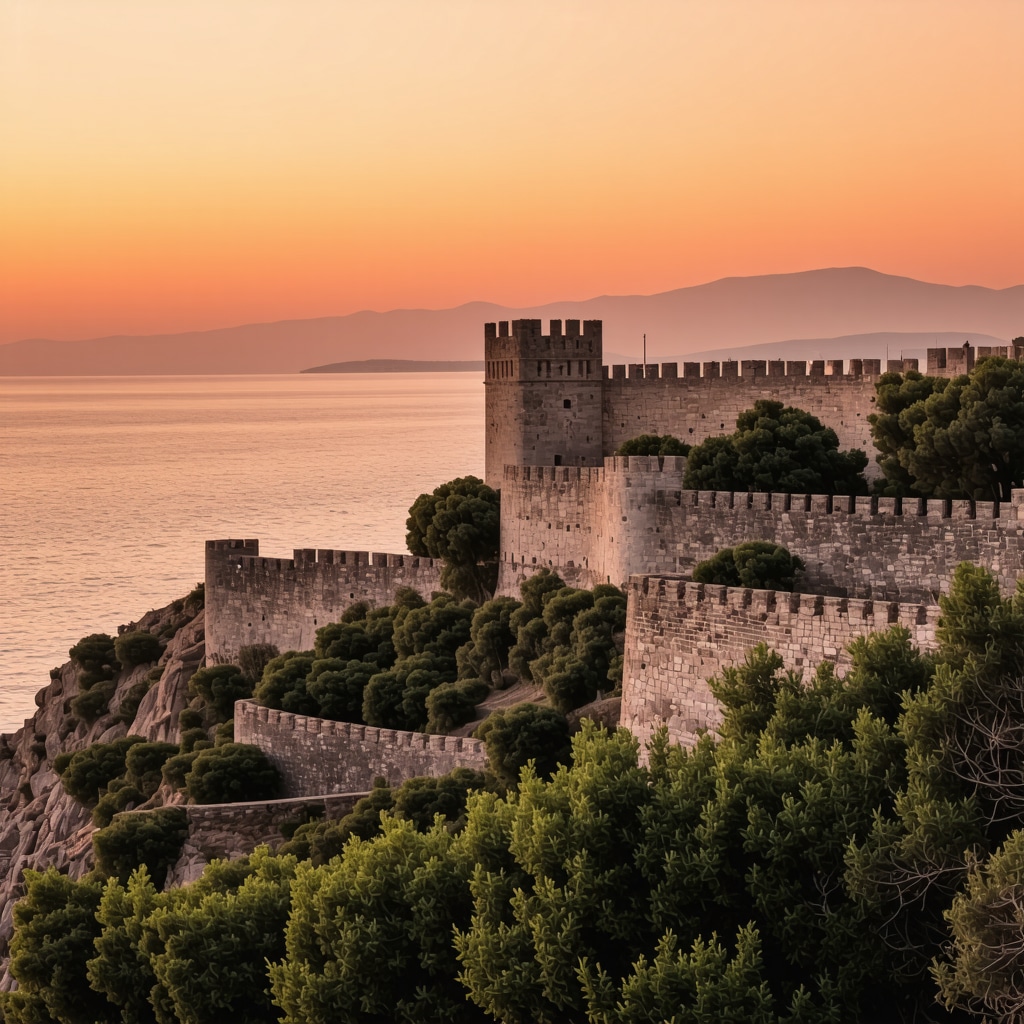 Sunset view of Rhodes Old Town with medieval walls and sea background