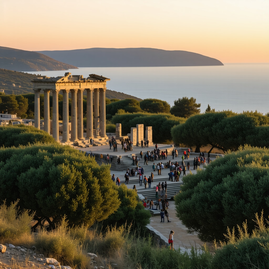 Panoramic sunset view of Apollo's Temple ruins surrounded by olive trees and Ionian Sea