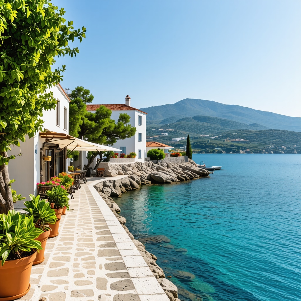 Coastal village in Montenegro featuring traditional buildings and tourists engaging in sustainable tourism