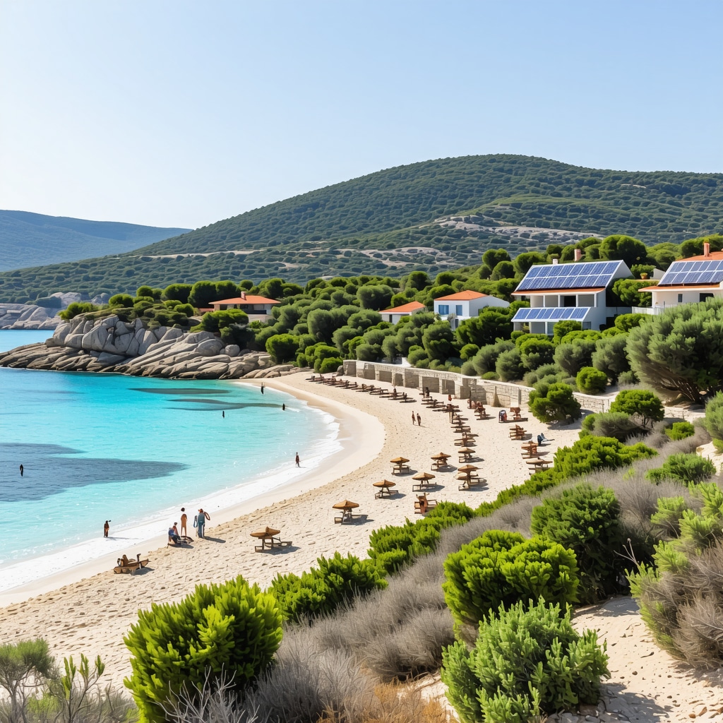 Ksamil beaches with eco-friendly infrastructure and tourists enjoying responsible tourism
