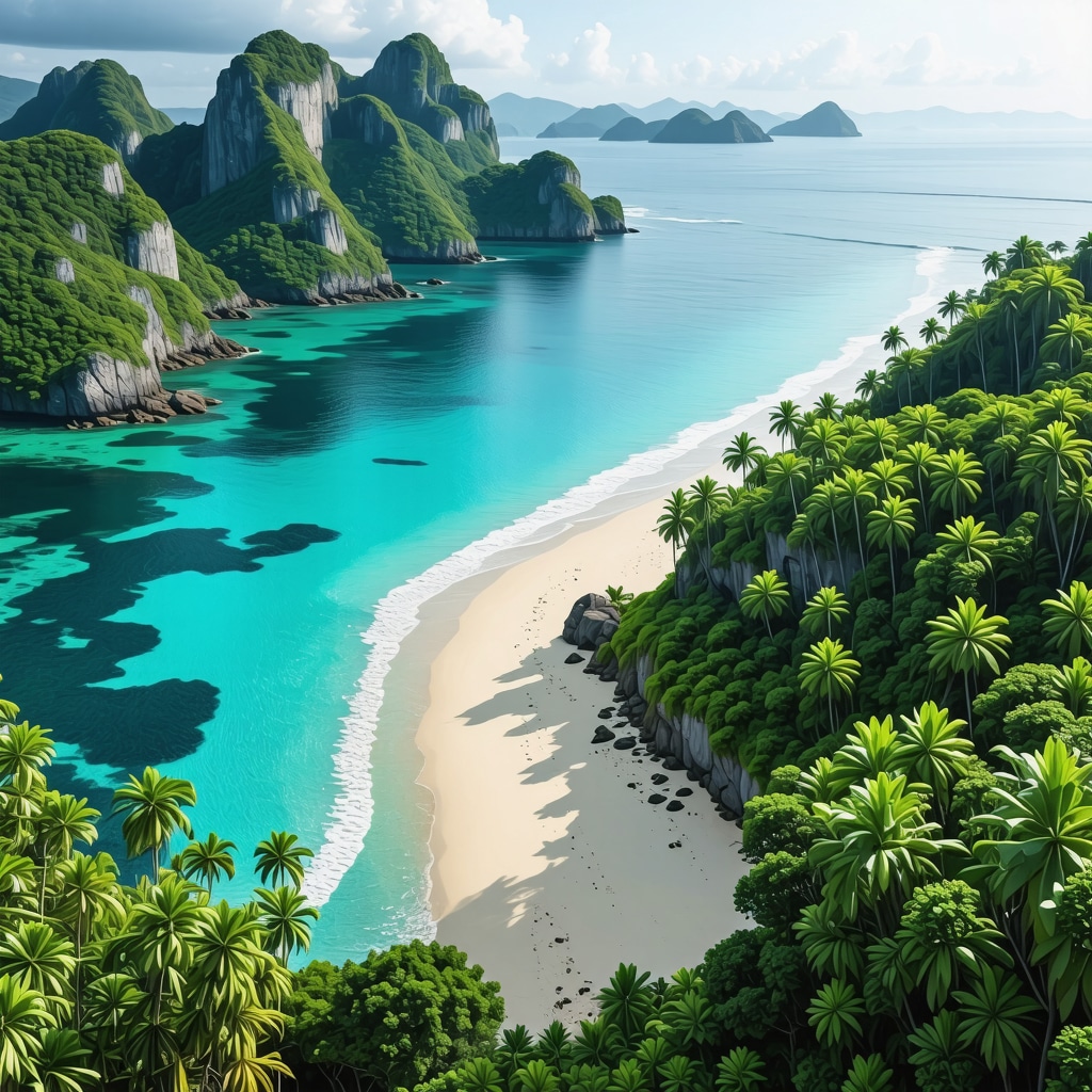 A conceptual image showing GIS maps, data analysis tools, and eco-friendly infrastructure supporting sustainable tourism at hidden beaches