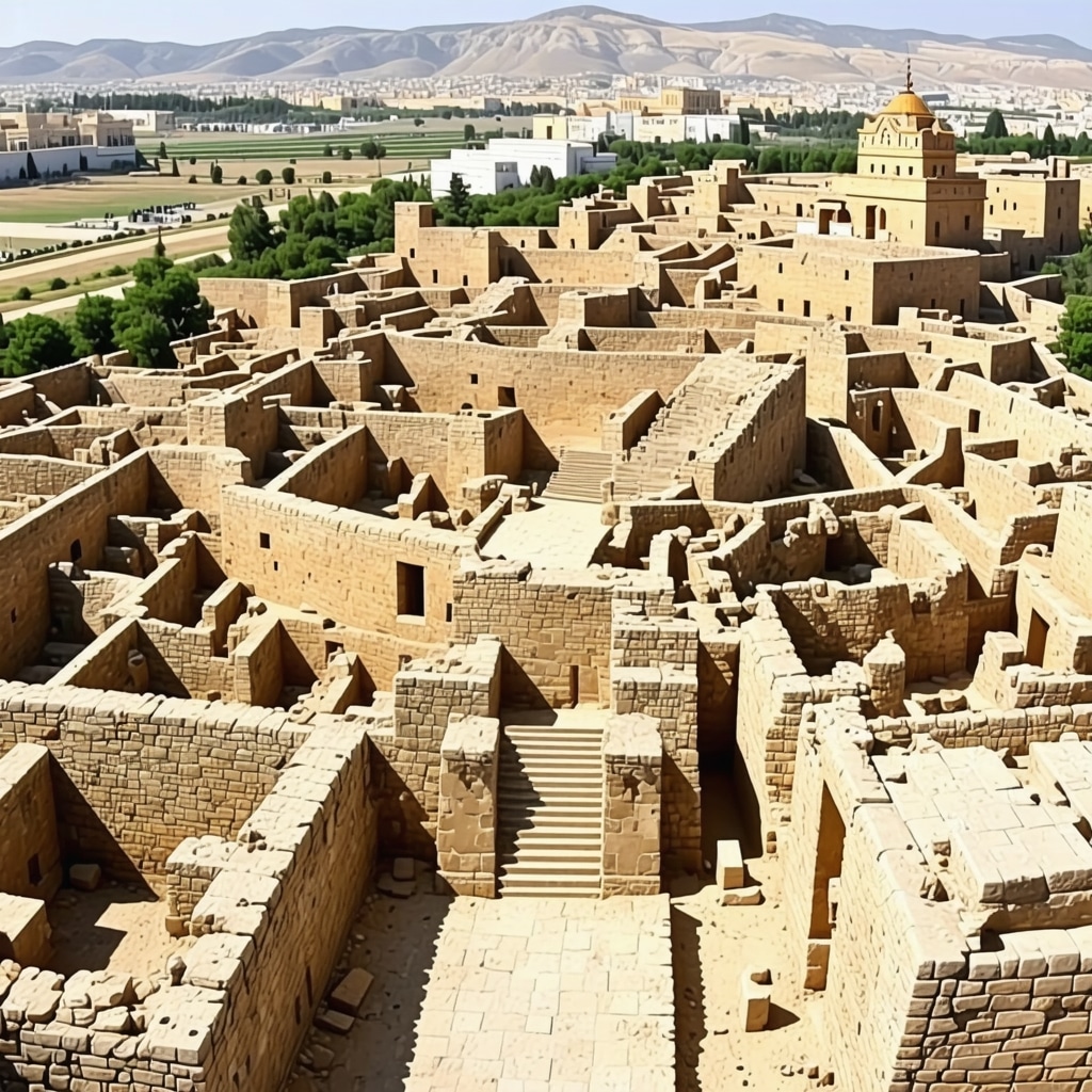 A modern city with AR overlays highlighting ancient ruins