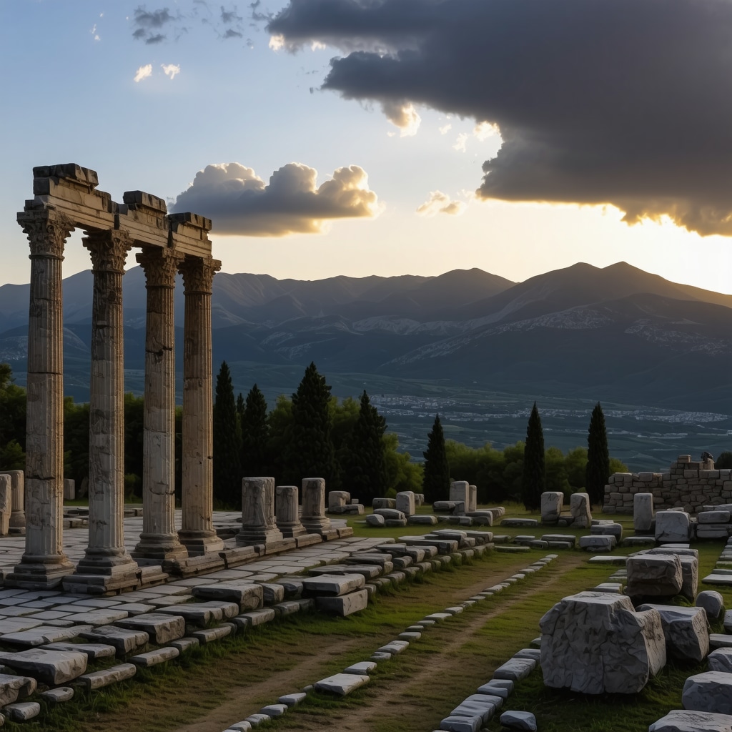 Ancient columns of Temple of Apollo at Delphi with a golden sky and mountainous backdrop