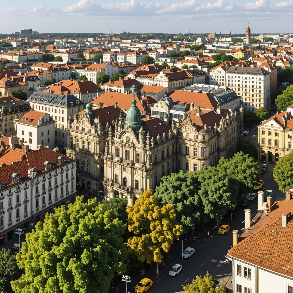 Panoramic view of Timișoara city center featuring historic buildings and integrated green technologies
