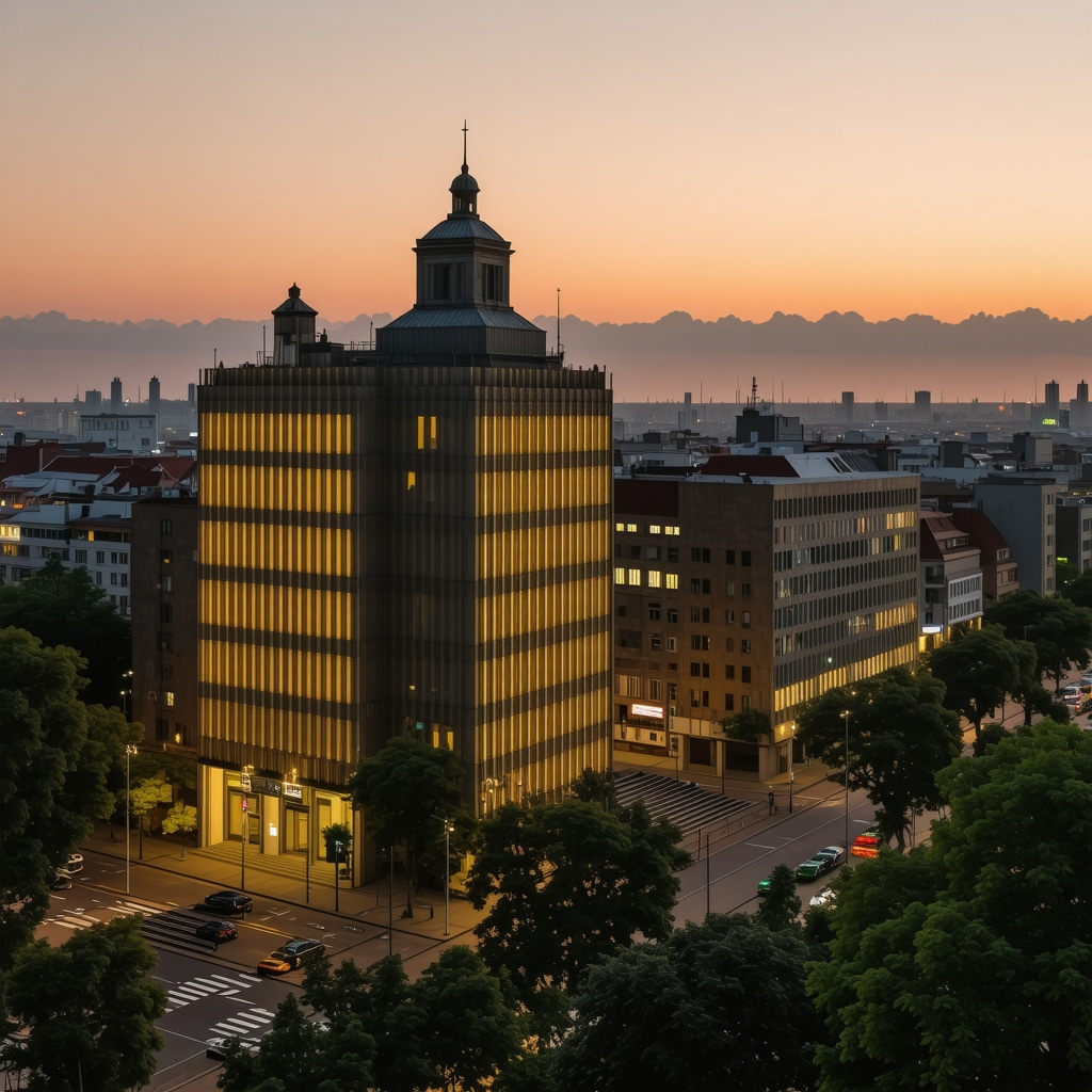 Urban scene in Timișoara showing historic buildings alongside modern smart city elements at dusk