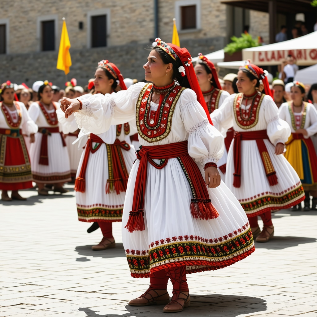 Traditional Albanian dancers in colorful costumes at a cultural festival