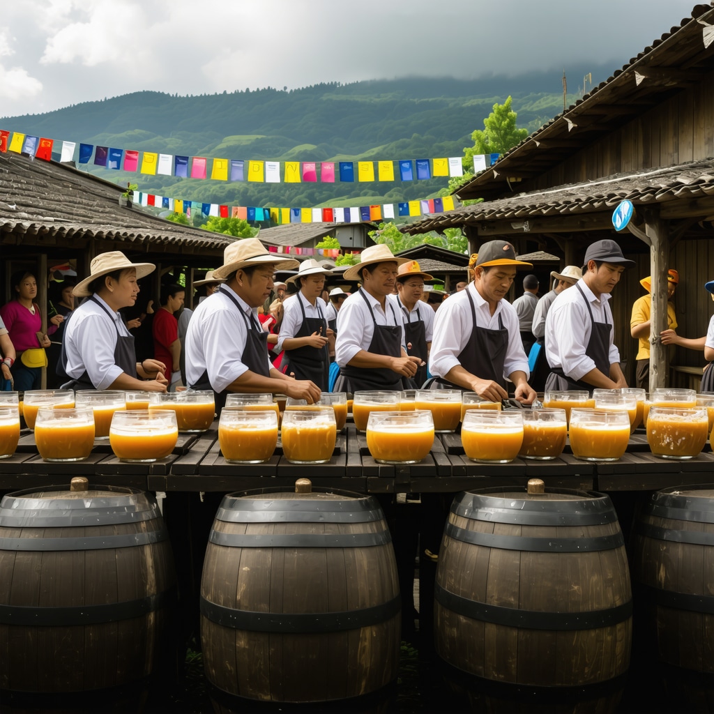Locals celebrating traditional fermented drinks at a rural festival in Albania.