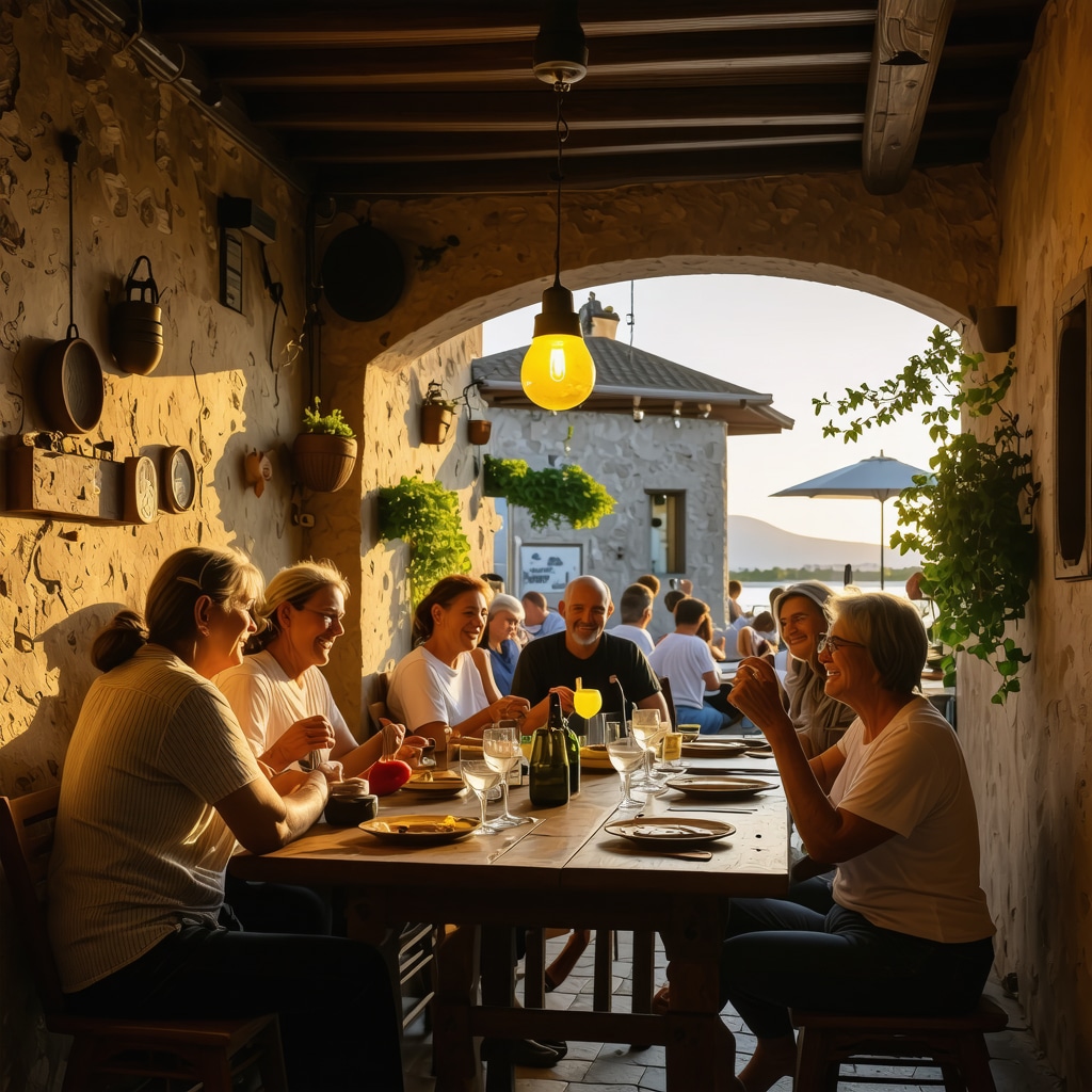 Locals sharing stories in a traditional tavern in Rhodes at sunset