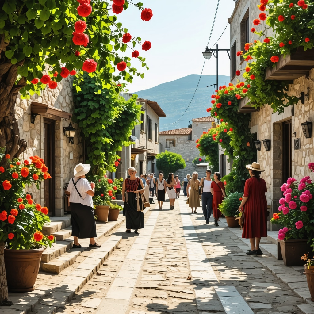 Stone houses and cultural activities in a traditional Rhodes village under Mediterranean sunlight