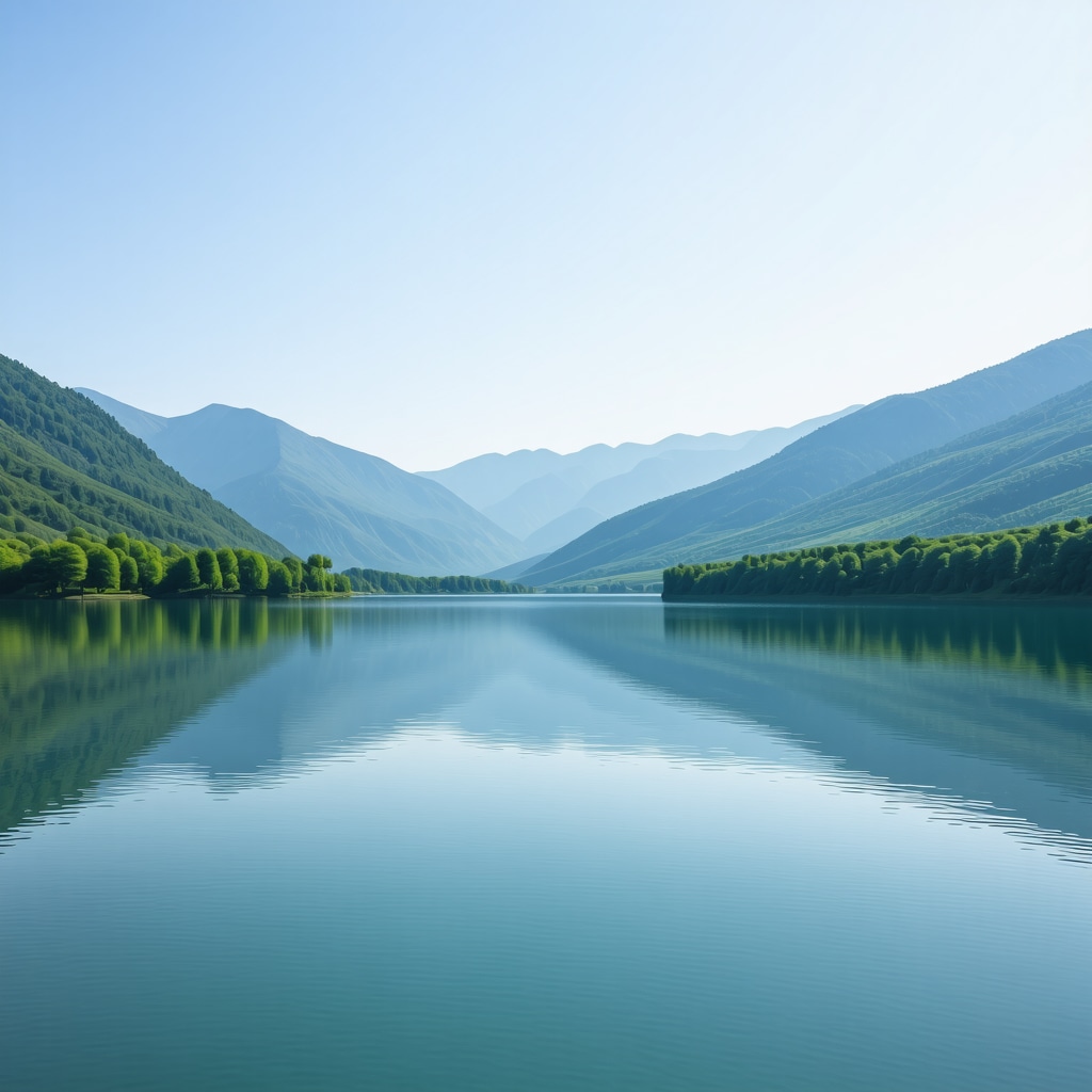 A peaceful scenic view of Lake Argjentë with green mountains and blue sky