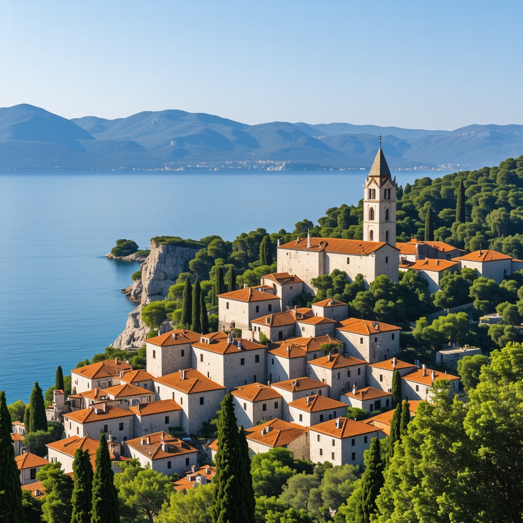 Panoramic view of Croatia's old cities and lush natural parks, showcasing cultural and natural beauty.