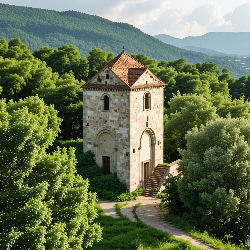 Majestic historic monument amidst green landscape in the Balkans