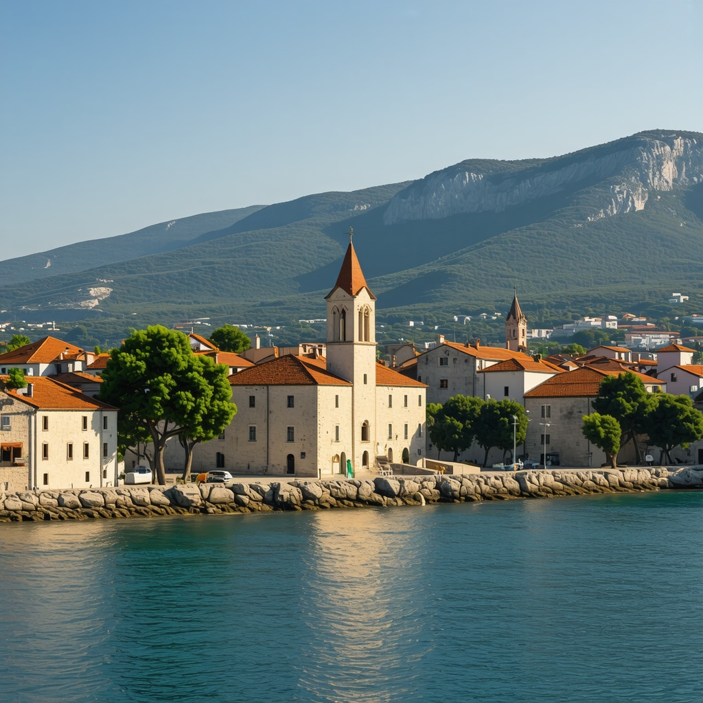 Coastal town of Trogir showing medieval buildings and sustainable tourism elements like digital guides and eco-transport