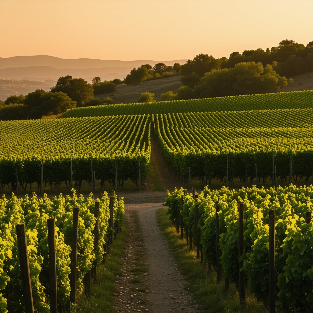 Sunset over Turkish vineyards with wine-making scenery