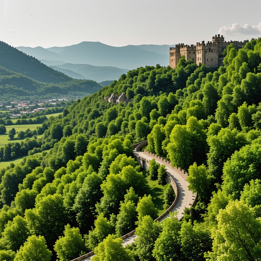 View from Tsarevets Fortress showing mountains, rivers, and dense forests.